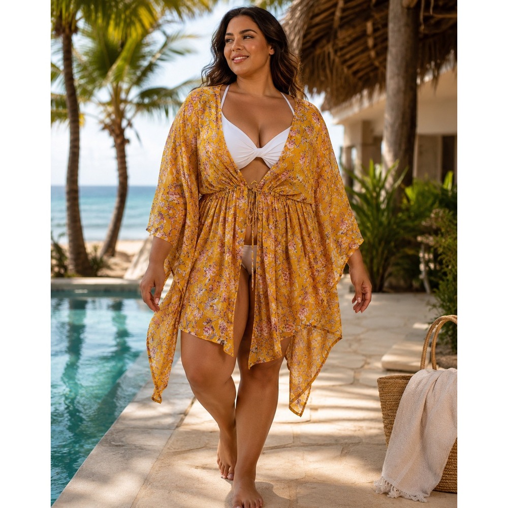 Whimsical Sunflower Floral Swim‎ Cover Up Resort Yellow Sheer Kimono One Size